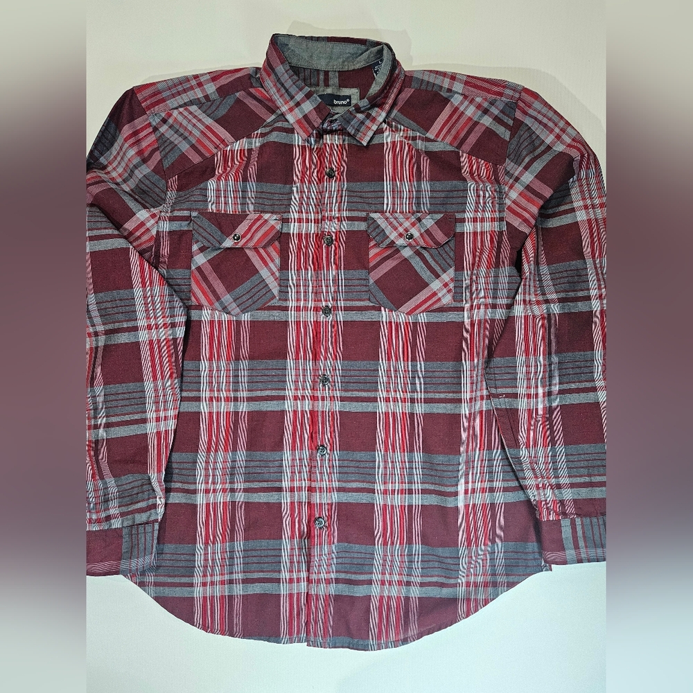 Bruno Mens Button Down‎ Large Red Plaid Classic Casual Outdoor Performance Shirt